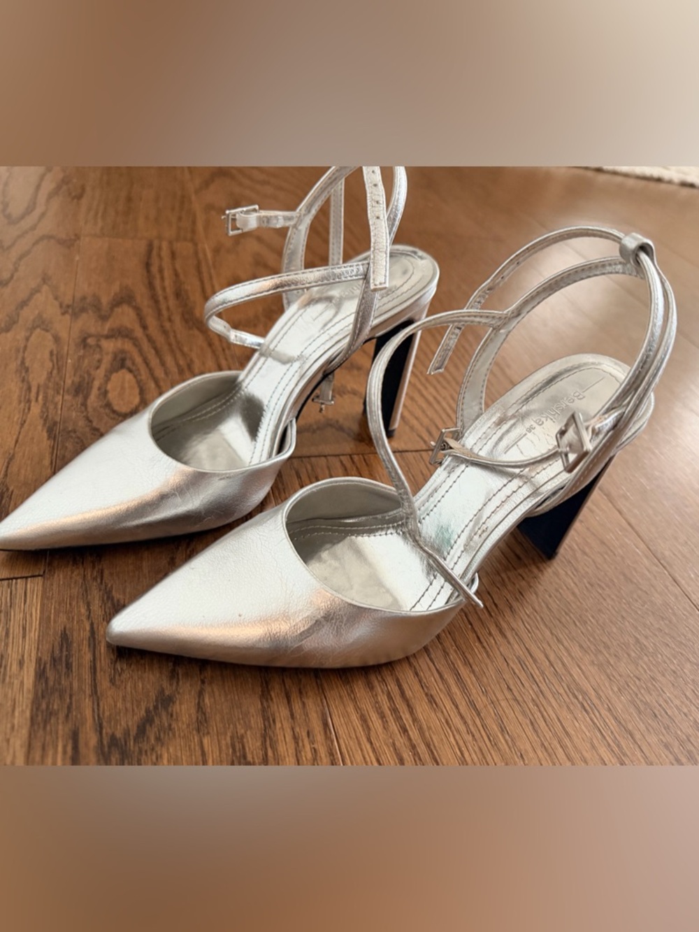 Bershka Metallic Silver Pointed-Toe Strappy Block Heels